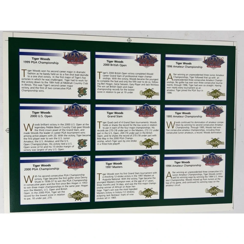 Tiger Woods Legends‎ 9 card UnCut Sheet Grand Slam